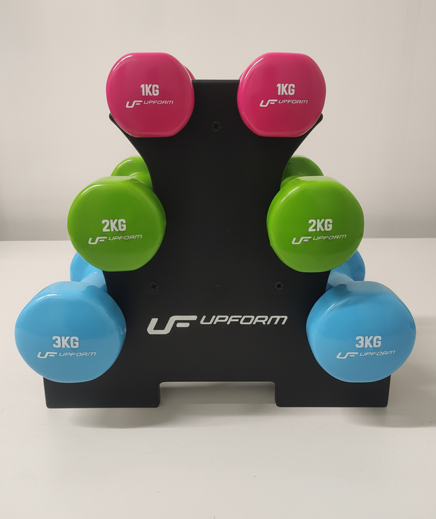 Set de mancuernas fitness de vinilo 12 kg con soporte – UpForm
